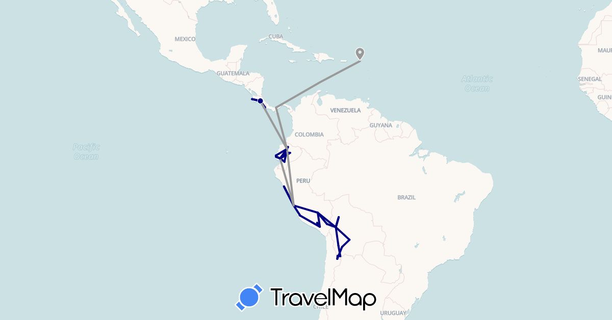 TravelMap itinerary: driving, plane in Bolivia, Costa Rica, Ecuador, Saint Martin, Panama, Peru (North America, South America)